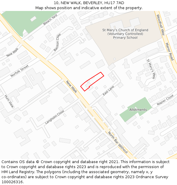 10, NEW WALK, BEVERLEY, HU17 7AD: Location map and indicative extent of plot