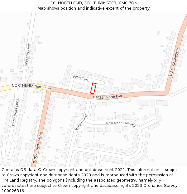 10, NORTH END, SOUTHMINSTER, CM0 7DN: Location map and indicative extent of plot