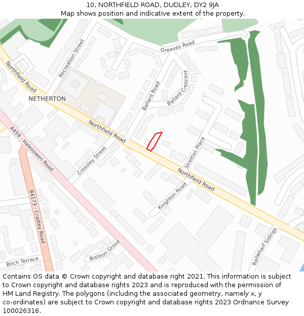 10, NORTHFIELD ROAD, DUDLEY, DY2 9JA: Location map and indicative extent of plot