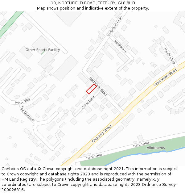 10, NORTHFIELD ROAD, TETBURY, GL8 8HB: Location map and indicative extent of plot