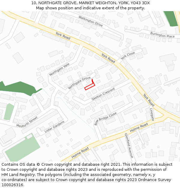 10, NORTHGATE GROVE, MARKET WEIGHTON, YORK, YO43 3DX: Location map and indicative extent of plot