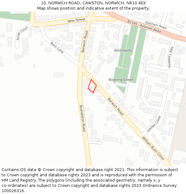 10, NORWICH ROAD, CAWSTON, NORWICH, NR10 4EX: Location map and indicative extent of plot