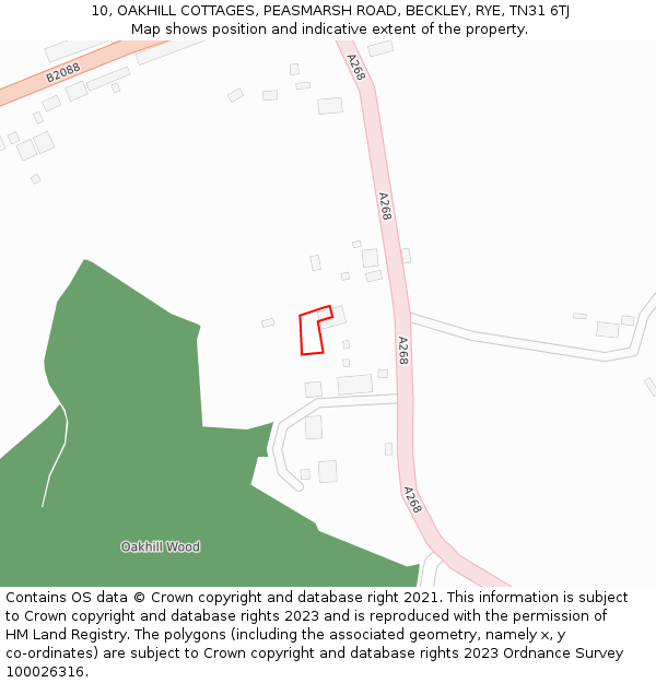10, OAKHILL COTTAGES, PEASMARSH ROAD, BECKLEY, RYE, TN31 6TJ: Location map and indicative extent of plot