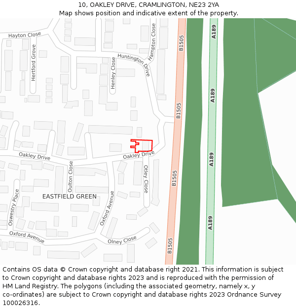 10, OAKLEY DRIVE, CRAMLINGTON, NE23 2YA: Location map and indicative extent of plot