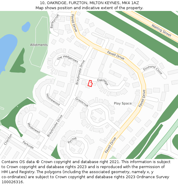 10, OAKRIDGE, FURZTON, MILTON KEYNES, MK4 1AZ: Location map and indicative extent of plot