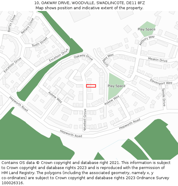 10, OAKWAY DRIVE, WOODVILLE, SWADLINCOTE, DE11 8FZ: Location map and indicative extent of plot