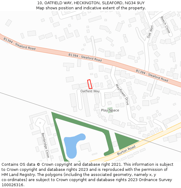 10, OATFIELD WAY, HECKINGTON, SLEAFORD, NG34 9UY: Location map and indicative extent of plot