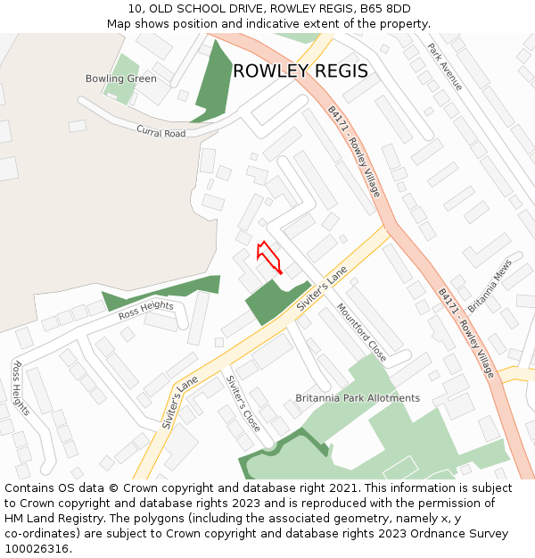 10, OLD SCHOOL DRIVE, ROWLEY REGIS, B65 8DD: Location map and indicative extent of plot