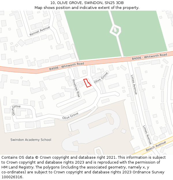 10, OLIVE GROVE, SWINDON, SN25 3DB: Location map and indicative extent of plot