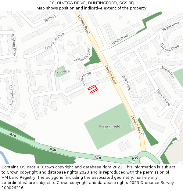 10, OLVEGA DRIVE, BUNTINGFORD, SG9 9FJ: Location map and indicative extent of plot