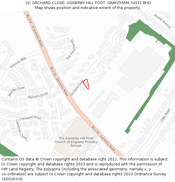 10, ORCHARD CLOSE, GONERBY HILL FOOT, GRANTHAM, NG31 8HD: Location map and indicative extent of plot