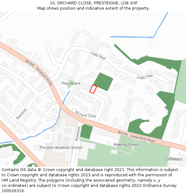 10, ORCHARD CLOSE, PRESTEIGNE, LD8 2HF: Location map and indicative extent of plot