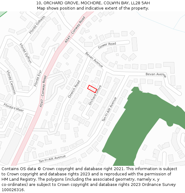 10, ORCHARD GROVE, MOCHDRE, COLWYN BAY, LL28 5AH: Location map and indicative extent of plot