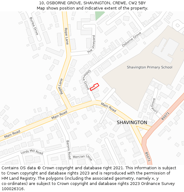 10, OSBORNE GROVE, SHAVINGTON, CREWE, CW2 5BY: Location map and indicative extent of plot