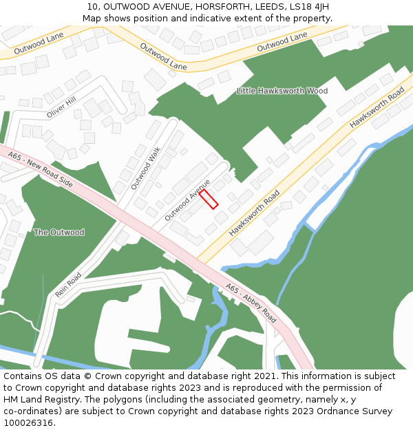 10, OUTWOOD AVENUE, HORSFORTH, LEEDS, LS18 4JH: Location map and indicative extent of plot