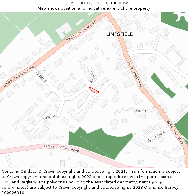 10, PADBROOK, OXTED, RH8 0DW: Location map and indicative extent of plot