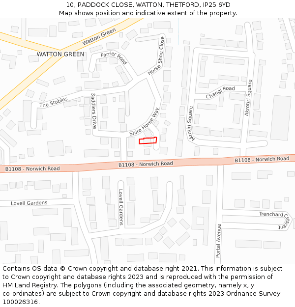 10, PADDOCK CLOSE, WATTON, THETFORD, IP25 6YD: Location map and indicative extent of plot