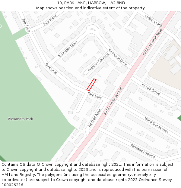 10, PARK LANE, HARROW, HA2 8NB: Location map and indicative extent of plot