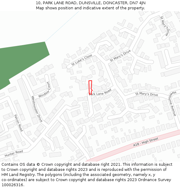 10, PARK LANE ROAD, DUNSVILLE, DONCASTER, DN7 4JN: Location map and indicative extent of plot