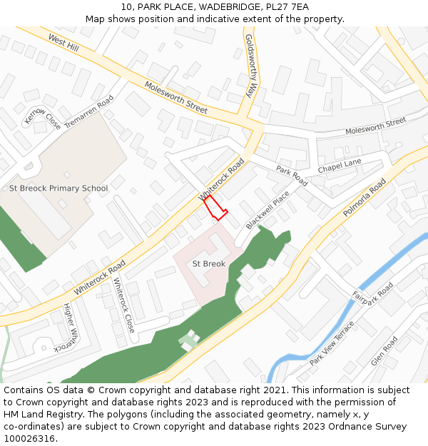 10, PARK PLACE, WADEBRIDGE, PL27 7EA: Location map and indicative extent of plot