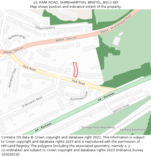 10, PARK ROAD, SHIREHAMPTON, BRISTOL, BS11 0EF: Location map and indicative extent of plot