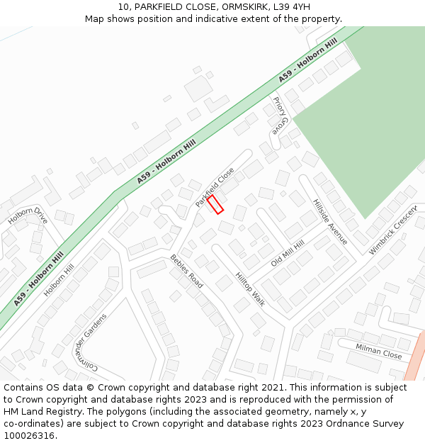 10, PARKFIELD CLOSE, ORMSKIRK, L39 4YH: Location map and indicative extent of plot