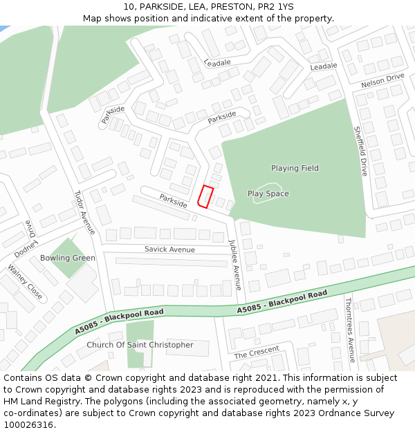 10, PARKSIDE, LEA, PRESTON, PR2 1YS: Location map and indicative extent of plot