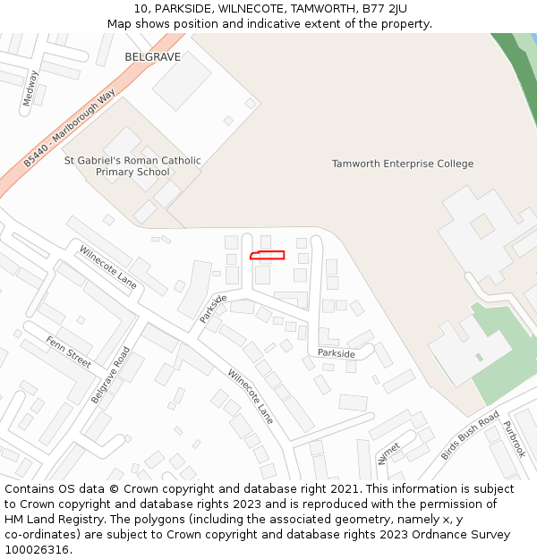 10, PARKSIDE, WILNECOTE, TAMWORTH, B77 2JU: Location map and indicative extent of plot