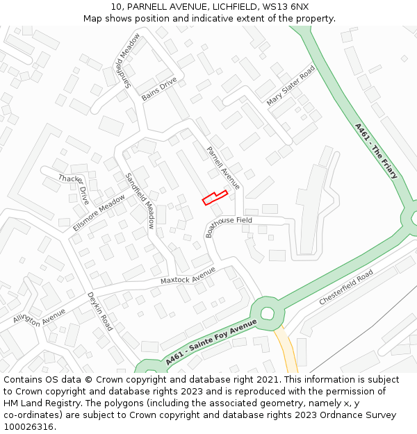 10, PARNELL AVENUE, LICHFIELD, WS13 6NX: Location map and indicative extent of plot