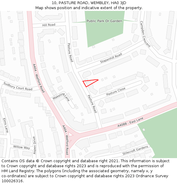 10, PASTURE ROAD, WEMBLEY, HA0 3JD: Location map and indicative extent of plot