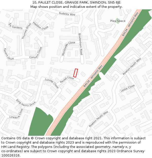 10, PAULET CLOSE, GRANGE PARK, SWINDON, SN5 6JE: Location map and indicative extent of plot