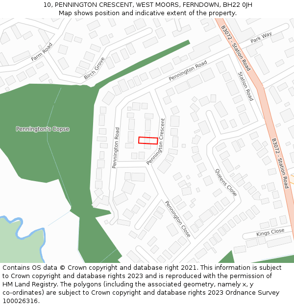 10, PENNINGTON CRESCENT, WEST MOORS, FERNDOWN, BH22 0JH: Location map and indicative extent of plot