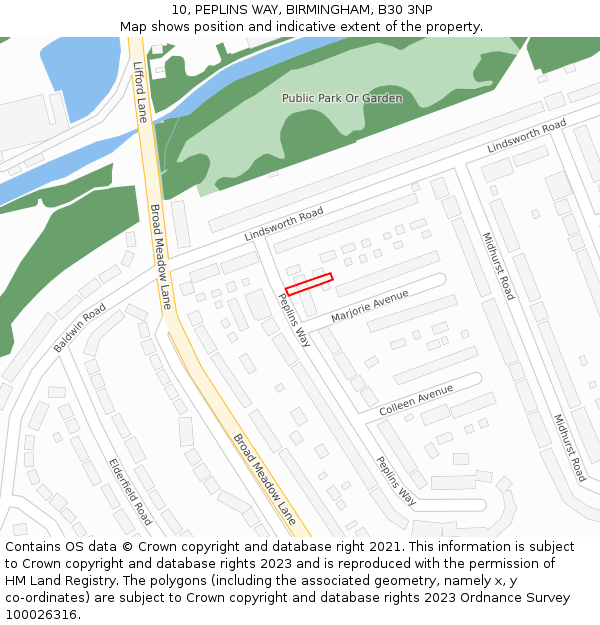 10, PEPLINS WAY, BIRMINGHAM, B30 3NP: Location map and indicative extent of plot