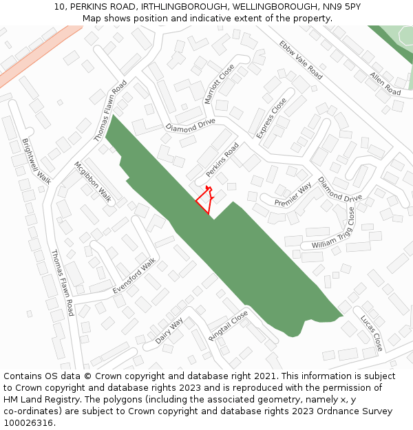 10, PERKINS ROAD, IRTHLINGBOROUGH, WELLINGBOROUGH, NN9 5PY: Location map and indicative extent of plot