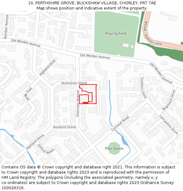 10, PERTHSHIRE GROVE, BUCKSHAW VILLAGE, CHORLEY, PR7 7AE: Location map and indicative extent of plot