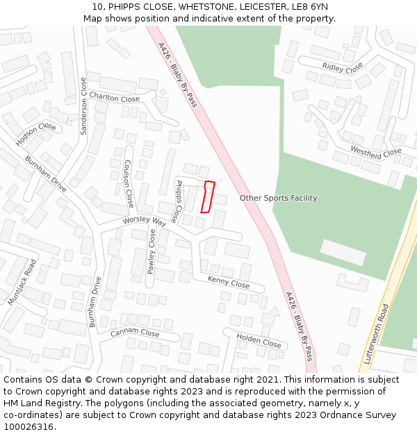 10, PHIPPS CLOSE, WHETSTONE, LEICESTER, LE8 6YN: Location map and indicative extent of plot