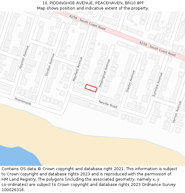 10, PIDDINGHOE AVENUE, PEACEHAVEN, BN10 8PF: Location map and indicative extent of plot