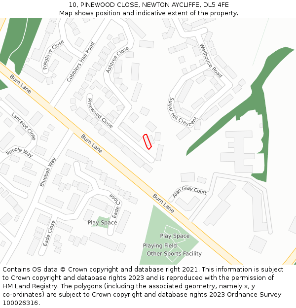10, PINEWOOD CLOSE, NEWTON AYCLIFFE, DL5 4FE: Location map and indicative extent of plot