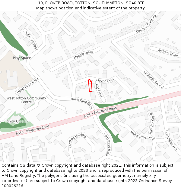 10, PLOVER ROAD, TOTTON, SOUTHAMPTON, SO40 8TF: Location map and indicative extent of plot