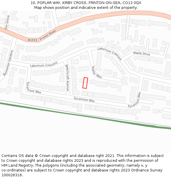 10, POPLAR WAY, KIRBY CROSS, FRINTON-ON-SEA, CO13 0QX: Location map and indicative extent of plot