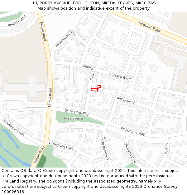 10, POPPY AVENUE, BROUGHTON, MILTON KEYNES, MK10 7AS: Location map and indicative extent of plot