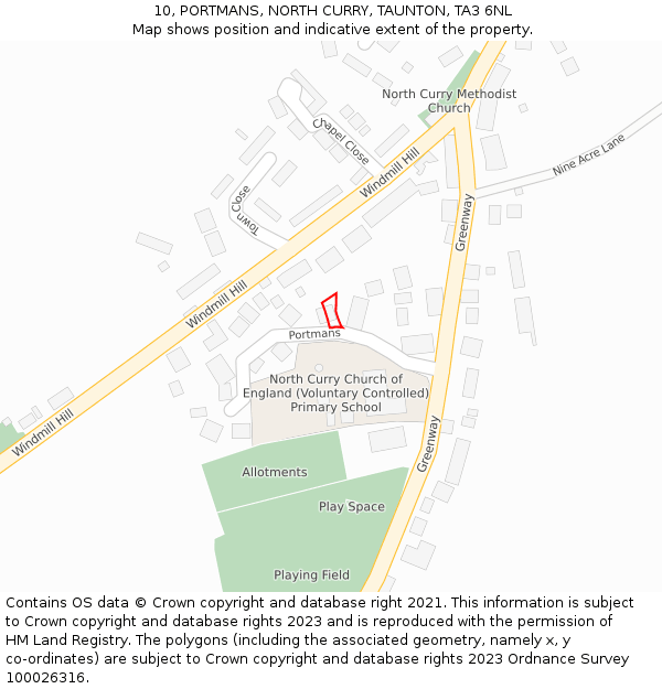 10, PORTMANS, NORTH CURRY, TAUNTON, TA3 6NL: Location map and indicative extent of plot