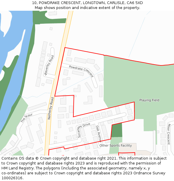 10, POWDRAKE CRESCENT, LONGTOWN, CARLISLE, CA6 5XD: Location map and indicative extent of plot