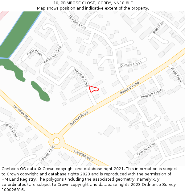 10, PRIMROSE CLOSE, CORBY, NN18 8LE: Location map and indicative extent of plot