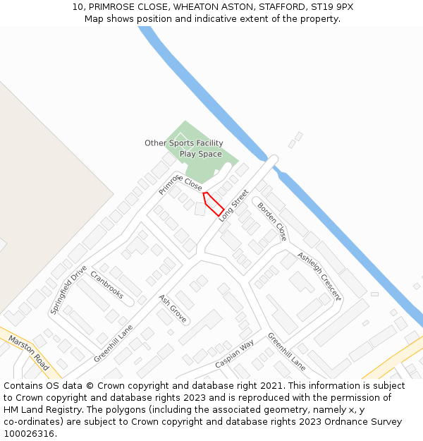 10, PRIMROSE CLOSE, WHEATON ASTON, STAFFORD, ST19 9PX: Location map and indicative extent of plot