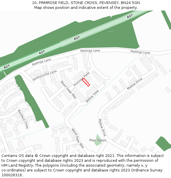 10, PRIMROSE FIELD, STONE CROSS, PEVENSEY, BN24 5GN: Location map and indicative extent of plot