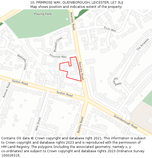 10, PRIMROSE WAY, QUENIBOROUGH, LEICESTER, LE7 3UJ: Location map and indicative extent of plot