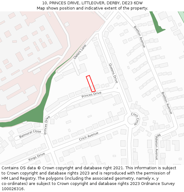 10, PRINCES DRIVE, LITTLEOVER, DERBY, DE23 6DW: Location map and indicative extent of plot
