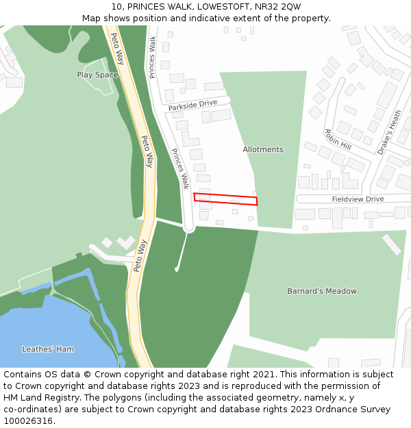 10, PRINCES WALK, LOWESTOFT, NR32 2QW: Location map and indicative extent of plot