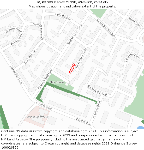 10, PRIORS GROVE CLOSE, WARWICK, CV34 6LY: Location map and indicative extent of plot